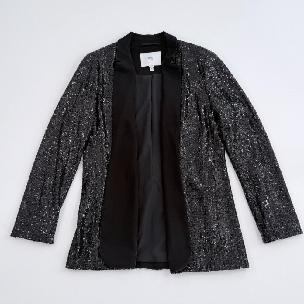 LK Bennett London Black Sequin Open Front Jacket with Satin Collar